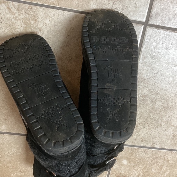 MukLuks size 9 black faux suede boots; 2 outside working silver buckles; 13 1/4” - Picture 8 of 10